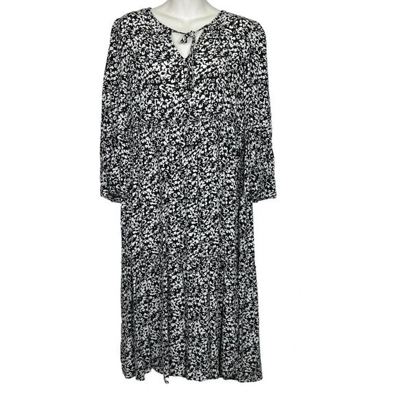 Zara Size L Black White Floral‎ Print Midi Ruffle Boho Tiered Bell Sleeve Dress - Picture 1 of 6